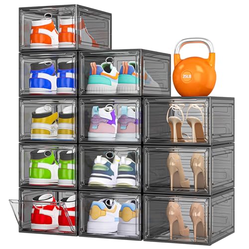 12 Pack Clear Shoe Storage Organizer with Magnetic Door, Stackable Plastic Shoe Boxes for Sneakers, Boots, and Heels, Space-Saving Foldable Shoe Rack for Closet, Durable Shoe Cabinet Organizer, Black