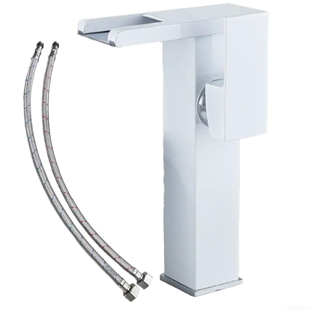 Rubinetto miscelatore a cascata con LED dorato, in ottone, per acqua fredda e calda, con montaggio a ponte e tubi di ingresso dell'acqua per lavello (bianco)
