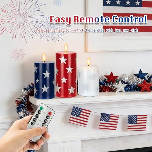 Image of JOIONE Patriotic Flameless Pillar Candles with Remote, 3 Pack Home Decor | Battery Operated, Star Sticker, Real Wax, Remote Control, Warm Flickering Glow, 4th of July Independence Day Party Decor