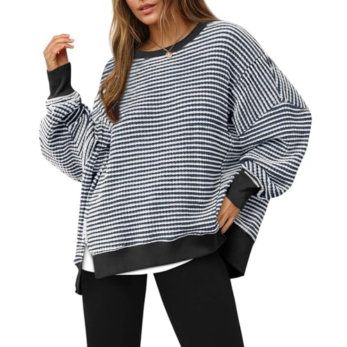 Striped Tops for Women Knit Oversized Long Sleeve Crewneck Fall Sweatshirt - image 1
