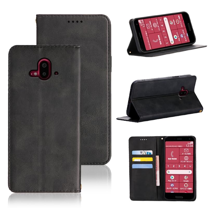 適用 らくらくスマートフォン F-52B ケース 手帳型 適用 富士通 f-52b 手帳型ケース カバー PUレザー カード収納 財布型 耐衝撃 ケース マグネット スタンド機能付き 5色 (適用 らくらくスマートフォン F-52B ケース 手帳型) (ブラック)