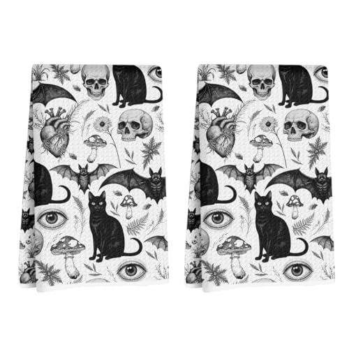 Image of 2Pcs Skeleton Cat Kitchen Towels, Mushroom Durable Microfiber Tea Towels for Kitchen Home Bathroom Farmhouse Decor, Eyes Bat Waffle Weave Dish Drying Towel, Cat Gifts for Women Friend, 24x14 Inch