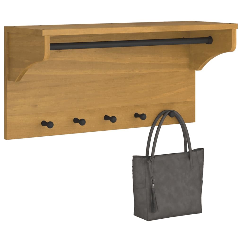 Garderoba ścienna Sandnes z litego drewna sosnowego, garderoba do przedpokoju z półką na kapelusze i 5 haczykami, rustykalny design o wyglądzie orzecha włoskiego, 87 x 30 x 42 cm