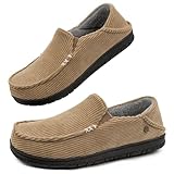 FamilyFairy Men's Moccasin Slippers Corduroy Breathable Memory Foam House Shoes Anti-Slip Indoor Outdoor Khaki, 11