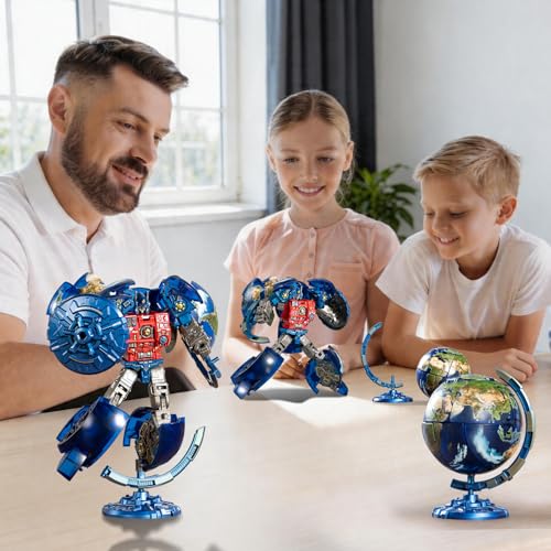 Image of Blue Star Guardian Transformable Globe Robot - 2-in-1 Earth to Action Figure, 5.7 inch Globe / 7.9 inch Robot Mode, Removable Weapons & Shield, STEM Toy for Kids 6+ & Collectors, Creative Gift (Blue)