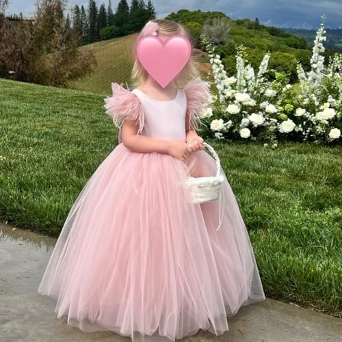 Pretty Long Flower Girl Dress Satin Feather Wedding Bridesmaid Dresses Tulle Pageant Evening Party Gown Big Bow4
