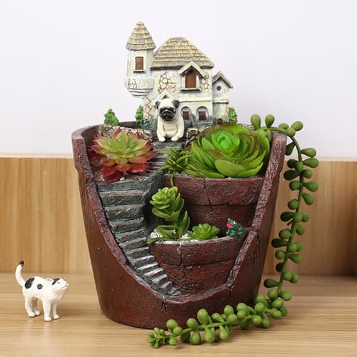 Obelunrp Macetas suculentas, Plantilla suculenta de Villa con Paso, macetas de Flores de 5.5x8, jarrón de Resina con Orificio de Drenaje, Maceta amigable para Bricolaje para Plantas de Interior