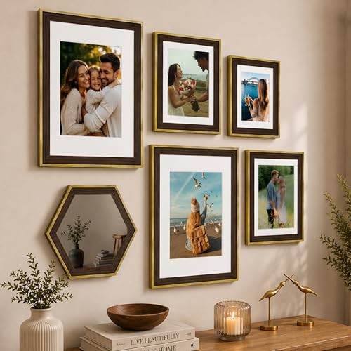Image of Art Street Gold Gallery Wall Photo Frame Set with Hexagon Mirror | Modern Collage Timeline Wall Decor for Living Room, Bedroom & Family Memories | Multi Size Frame Set
