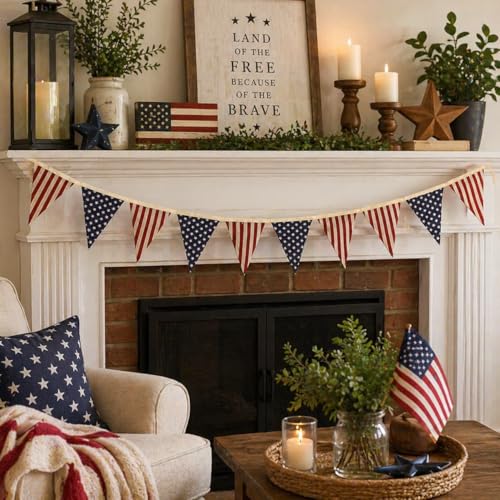 Image of Vintage Stars and Stripes American Flag Bunting Banner, 5 Meter Cotton Garland with 10 Double-Sided USA Pennant Flags, Patriotic Hanging Decoration for 4th of July, Memorial Day, Independence Day