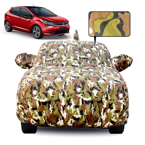 Image of Waterproof Car Body Cover for Tata Altroz with Mirror Pocket, Soft Cotton Lining, Triple Stitched, Full Bottom Elastic (Heat Resistant Jungle Print with Red Piping)