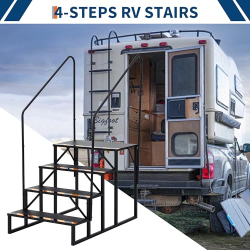 Wohnmobil-Treppe mit beidseitigem Handlauf – 4 Stufen, rutschfest, 300 kg Tragkraft, tragbare Außentreppe für Wohnwagen, Camper, Pool, Wirbel, Veranda – stabile RV Step Stairs – Bilateral 4th order