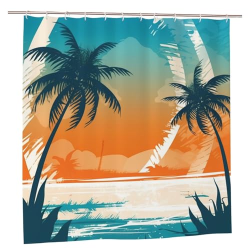 Rideau de douche en polyester plage tropicale lavable et imperméable avec ses crochets de bain - 8