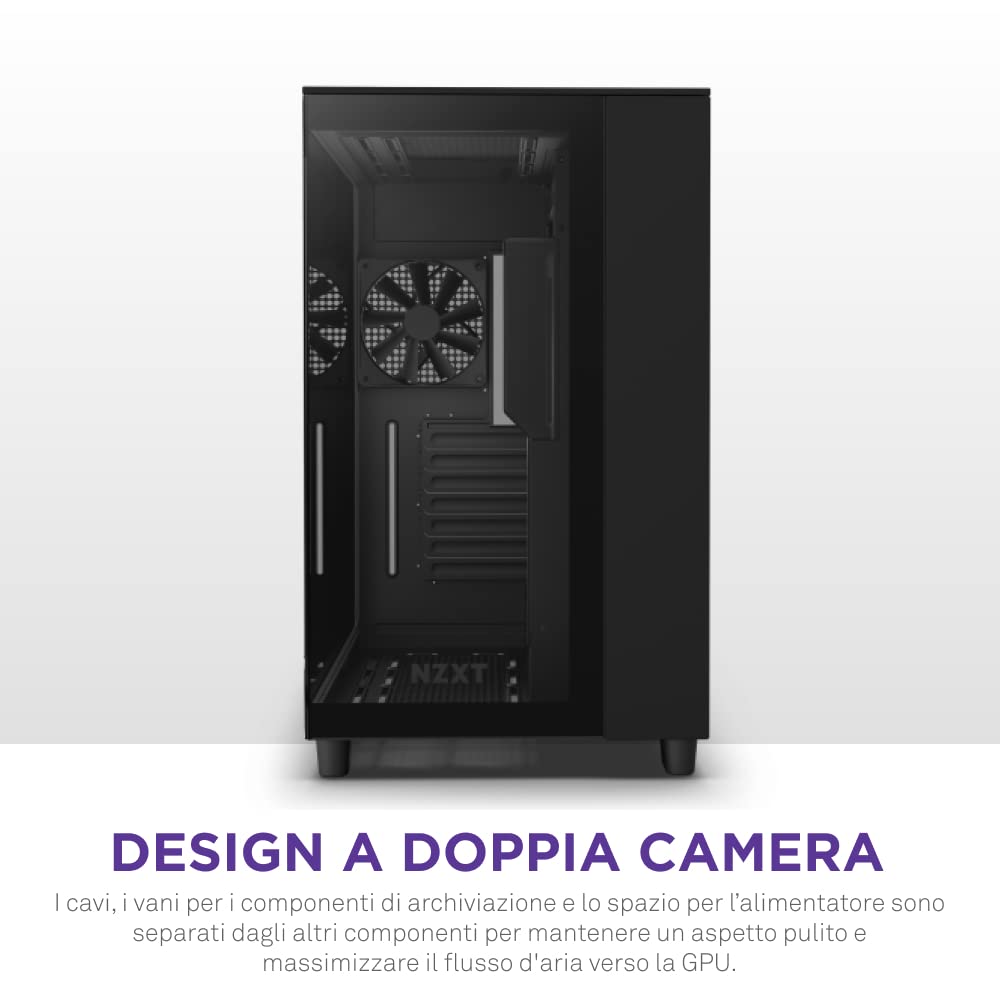 NZXT H9 Flow Case per PC gaming mid-tower ATX a doppia camera, Pannello superiore forato per un elevato ricircolo dell'aria, Pannello frontale e laterale in vetro temperato, Nero, CM-H91FB-01