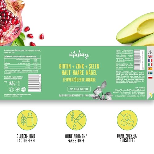 Vitabay Biotin Hochdosiert 10000mcg 365 Tabletten Time Released & Vegan - Haarvitamine für Frauen