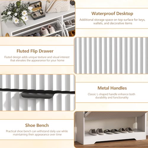 Image of HUANLEGO Shoe Cabinet Storage for Entryway with 2 Flip Drawers, White Fluted Shoe Cabinet with Open Storage, Wooden Hidden Shoe Rack Freestanding Narrow Slim Shoes Organizer for Hallway, Entrance