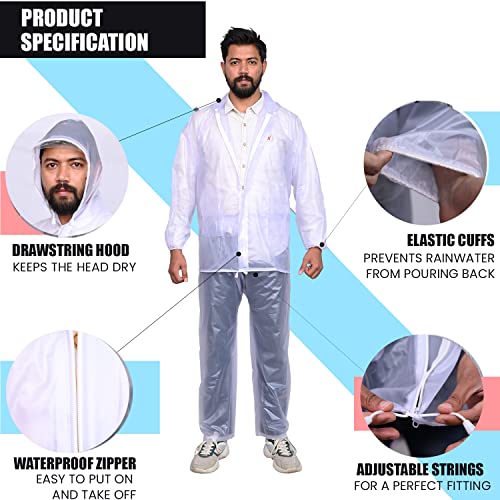 Image of Allextreme Crystal Men Raincoat with Adjustable Hood waterproof Reusable Rainwear Drawstring Hem Set of Top & Bottom with Carrying Pouch (XXL)