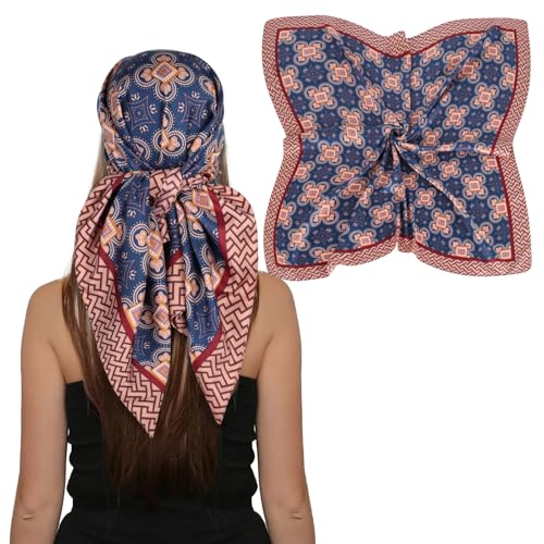 EXTREE Women's 35 inch Fashion Headscarf Silk Satin Scarf for Hair Wrapping at Night Bandana Square Scarf for Sleeping Dot Circle Grid Z Frame Blue