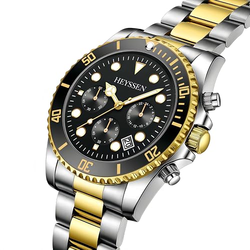 Watches For Men Quartz Stainless Steel: Dress Watch For Mens Wrist Luxury Gold And Silver Metal Two Tone Black Dial Big Analog Classic Diver Waterproof Chronograph Green Face Business Man Gift2