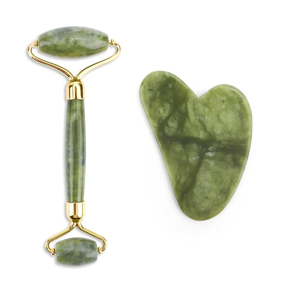 Juego de herramientas de masaje facial de rodillo de jade masajeador facial de piedra natural Guasha tabla de masaje Gua Sha Raspador de jade Rodillo y kit de guasha-juego de corazón sin caja