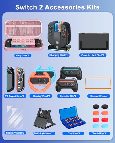 Image of Switch 2 Accessories, Case Bundle for Nintendo Switch 2 2025 Console,[Charge Inside]FYOUNG 23 IN 1 Kit:Carrying Case,Controller Charger,Protective Shell,Grip for Joycon, Steering Wheel -Pink