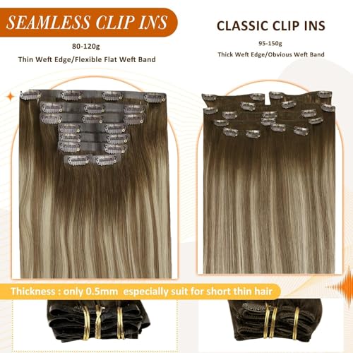 Image of Full Shine Clip in Hair Extensions Brown Ombre Real Hair Clip in Extensions Light Brown Mix Blonde Seamless Human Hair Extension for Women Ease of Use 14 Inch 8 Pcs 120g