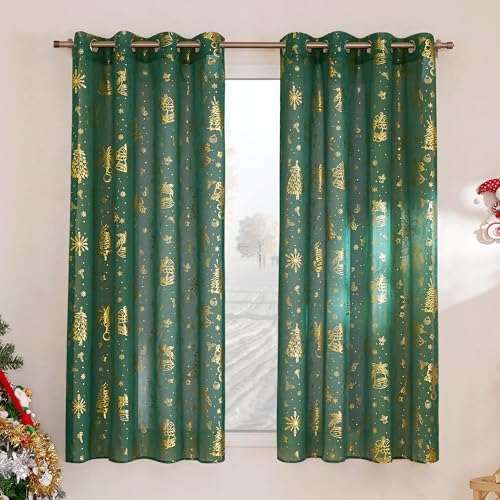 PONY DANCE Lot de 2 Rideaux Voilage de Noel Vert, Motifs Festifs Sapin Or, Tissu Effet Lin Transparent à œillets Decortaion pour Fenetre Cuisine, Chambre,...