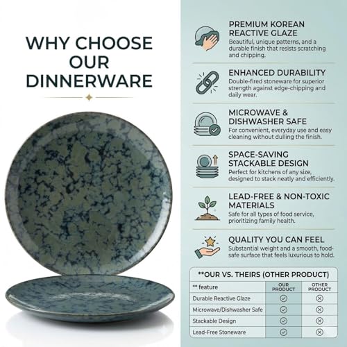 Image of Freakway Handcrafted Stoneware Ceramic Dinner Plates, Teal Reactive Glaze, 10-inch, Microwave & Dishwasher Safe, Set of 2