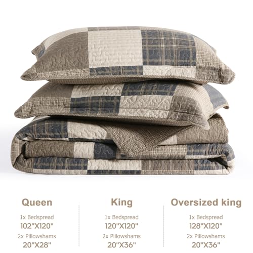 Image of Finlonte 120 inchx120 inch Oversized King Bedspread - 100% Cotton Lightweight Quilted Bedspreads Coverlet Set, Farmhouse Plaid Bedding Reversible Oversized King Quilt with 2 Pillow Shams, Brown /Beige /Cream