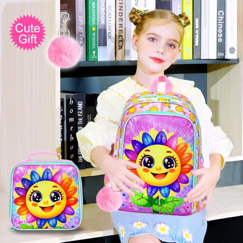 Image of AGSDON 3PCS Backpack for Girls, 16 inch Kids Backpacks Set for Elementary Preschool Kindergarten, Sun Flower Bookbag with Lunch Box