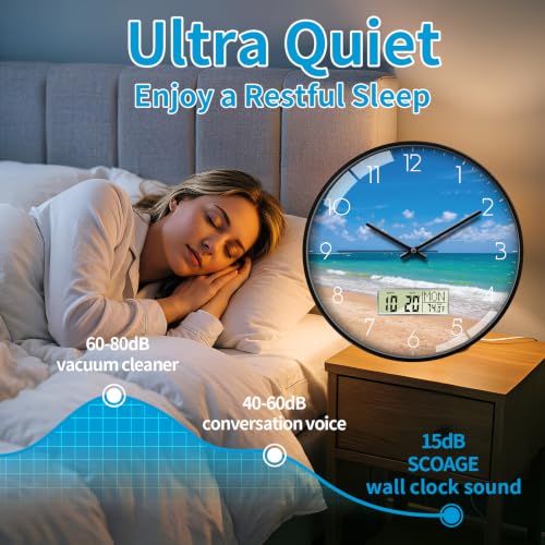 Image of 12'' Coastal Beach Wall Clock, Analog Clock with Digital Display | Silent Non-Ticking, Battery Operated, Shows Date Day & Temperature, Decorative for Living Room, Bedroom, Kitchen, Office