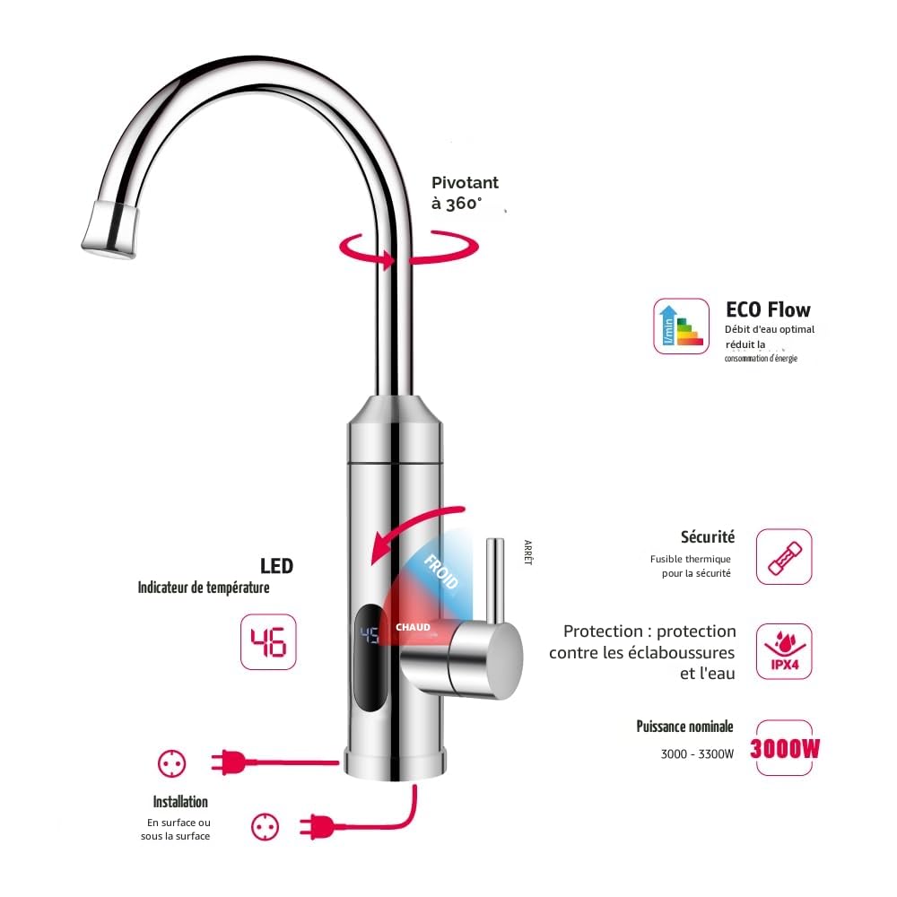 HOGART Robinet électrique avec chauffe-eau instantané 230 V pour cuisine, jardin, salle de bain, caravane, camping, chauffage intelligent, robinet avec chauffe-eau instantané, robinet d'eau chaude