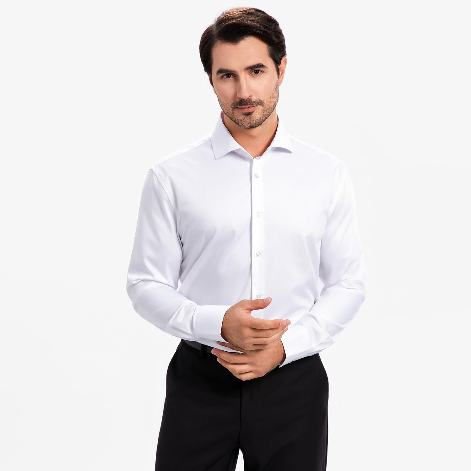 Men's Dress Shirt Stretch Formal Shirt Business Casual Cutaway Collar Long Sleeve Convertible Cuffs Solid - Image 5