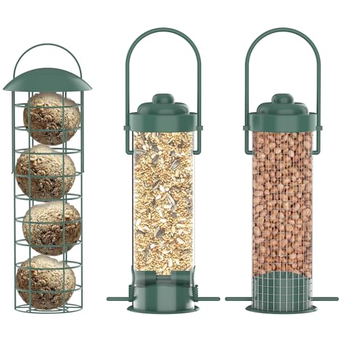 ZENO Bird Feeders 3 Pack | Bird Feeder | Metal Bird Feeders for Hanging | Hanging Bird Feeder | Weatherproof & Rust Resistant | Great for Seeds, Nuts, Balls | Plastic Tube, Dense Mesh, Coarse Mesh