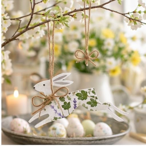 Gisela Graham - Set di 2 decorazioni pasquali da appendere, motivo: lepri pasquali con erbe, decorazione in legno