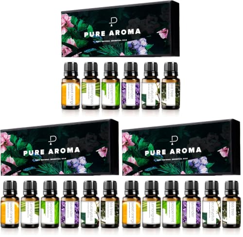 Image of Essential Oils Set by Pure Aroma - Top 6 Aromatherapy Oils Gift Set-18 Pack, 10ml (Eucalyptus, Lavender, Lemongrass, Sweet Orange, Peppermint, Tea Tree)
