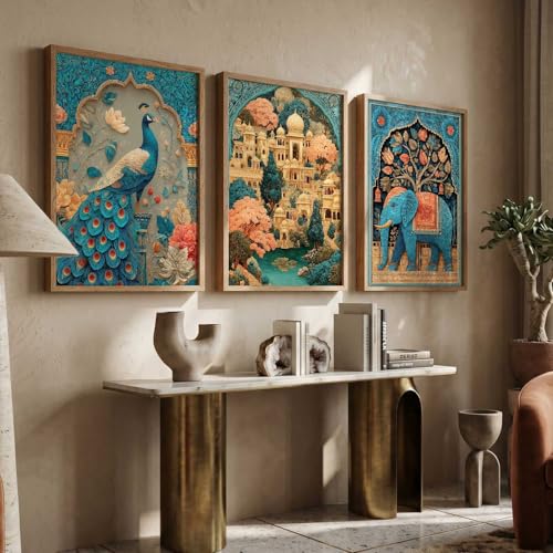 Image of kotart Madhubani Art Wall Painting Traditional Home Decoration With Frame For Living Room Bed Room Hotel Wall Decor Digital Reprint Set of 3 (13X17 INCH)
