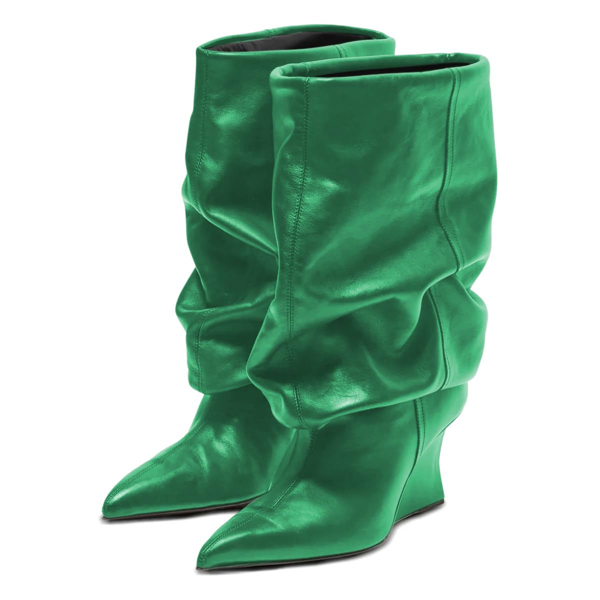 FOWT Women Unique Pointed Toe Pull on Slouchy Mid Calf Boots Wedge Mid Heel Comfortable Stylish Prom Event