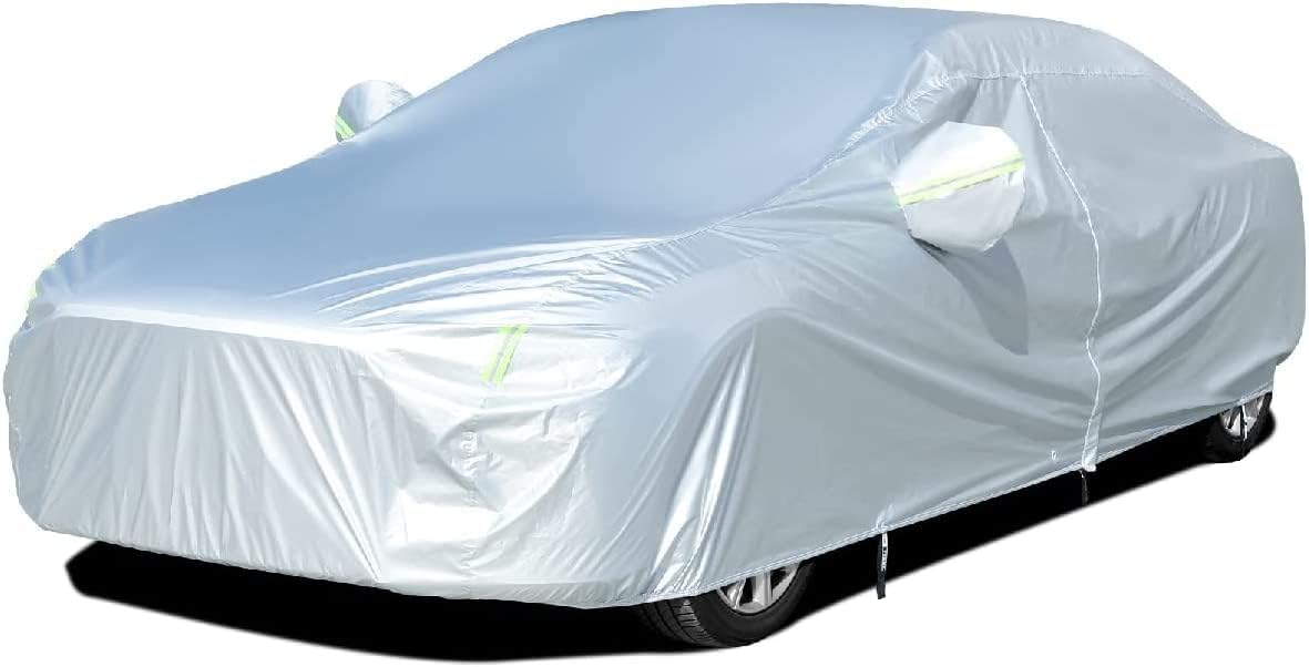 Tecoom Hard Shell Car Cover Oxford Fabric Waterproof UV-Proof Windproof with Door Zipper Design, All Weather Indoor Outdoor Fit for Sedan 201–210 Inches