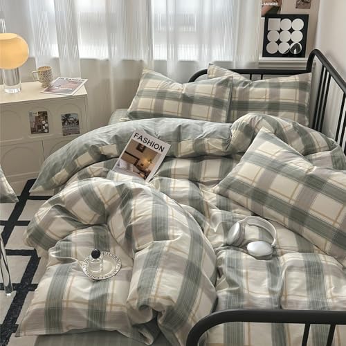Image of mixinni Green Grid Duvet Cover Set Queen - Vintage Buffalo Plaid Bedding Set-Green &Yellow&Beige, Soft Cotton Geometric Checkered Bedding Set with 2 Pillowcases for Boys, Girls, Teens