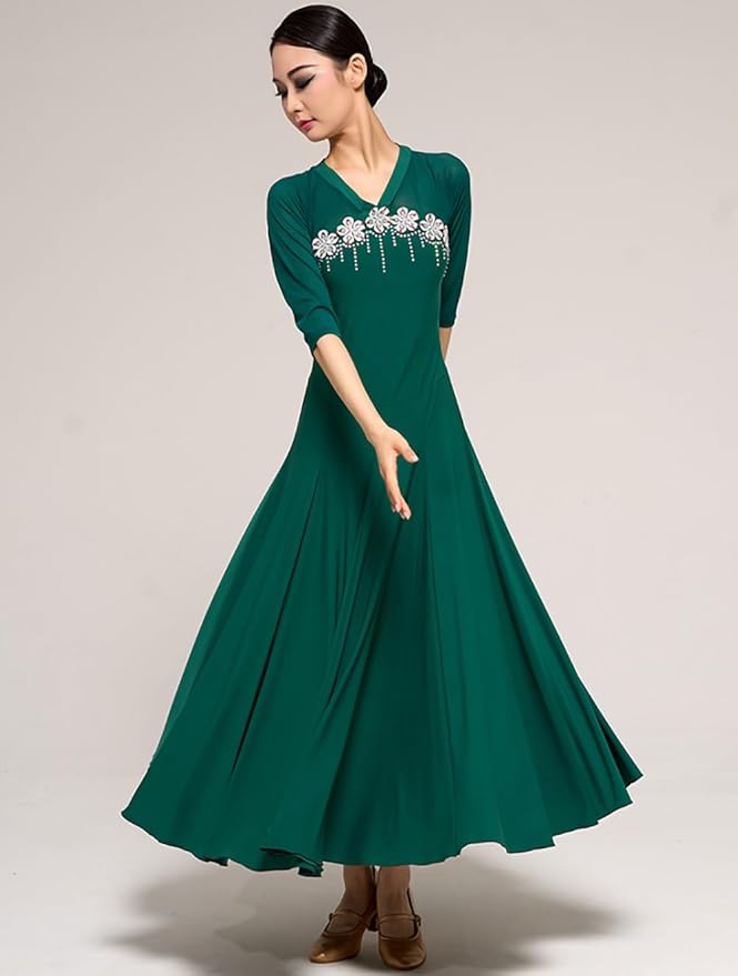 Amazon.co.jp: [RIKOUZY] 社交ダンスドレス 7分袖Vネック 伸縮