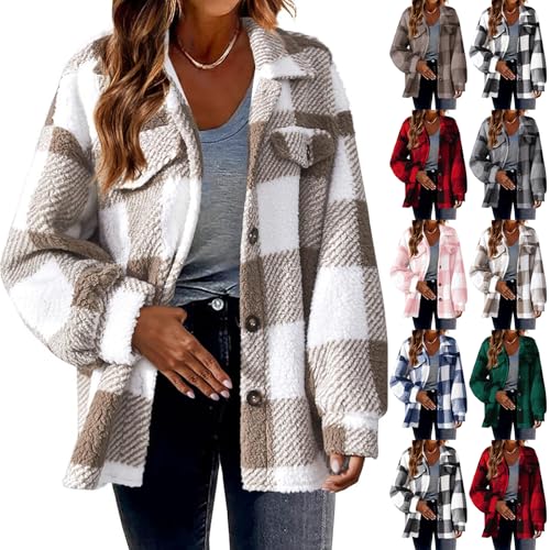 Womens Shacket Jacket Fall Winter Plaid Fuzzy Coat Vintage Shaggy Soft Comfy Button Down Shirt Jackets Front Pockets