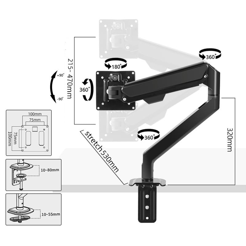 Uchwyt Na Monitor Biurkowy Z Pojedynczym Monitorem Do Ekranów 17"-32", Pochylanie, Obrót, Ramię Mocujące Monitor Ze Sprężyną Gazową I Systemem Zarządzania Kablami, Zacisk