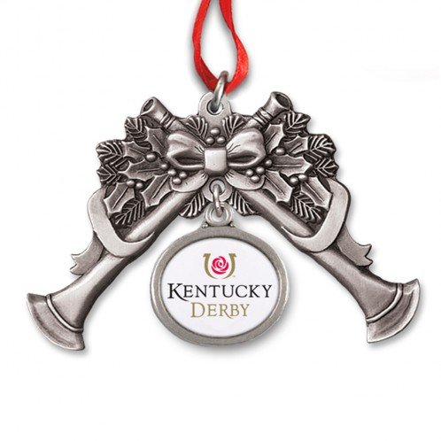 Kentucky Derby Bugle Ornament with Derby Icon Charm - Unleaded Pewter Ornaments for Christmas Tree Decoration, Made in USA