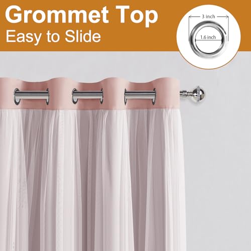 Image of DWCN Pink Blackout Curtains with Sheer Overlay with Tiebacks 63 Inch Long | Mix & Match Double Layer Window Panels for Living Room, Girls Bedroom, Nursery, Grommet Top, 52 inch Wx63 inch L, Rose Blush, 2PCS
