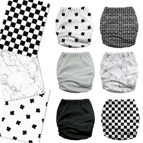 Image of Mama Koala 3.0 Pocket Cloth Diapers for Babies with AWJ Lining, 6 Pack with 6 4-Layer Natural Cloth Diaper Inserts - Reusable and Washable Pocket Diapers (Black and White)