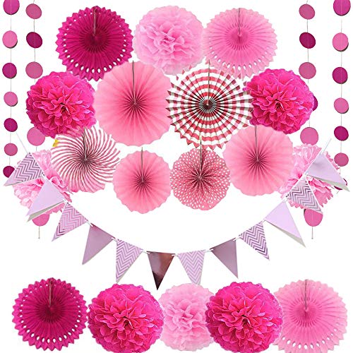 Riverhighfur 21 Juegos de Pompones de Papel de Seda, Ventiladores de Papel de Colores, guirnaldas de Puntos y Banderas Triangulares del empavesado para la decoración de cumpleaños de la Fiesta