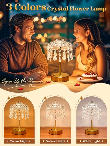 Image of Vintage Lamp, 3 Colors 10 Brightness Crystal Lamp Flower Lamps, 3600mAh Rechargeable Lamps, Mood Lighting Bedroom Kitchen Bathroom, Tween Girls Trendy Stuff, Birthday Teen Girl Gifts Mothers Day Gifts