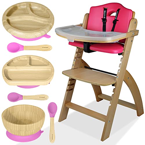 Abiie Beyond Junior Wooden High Chair with Tray (Natural Wood/Pink Cushion) and Octopod Bamboo Plates with Suction & Bamboo Bowl with Suction (Pink) – High Chair and Bamboo Plates and Bowl Bundle