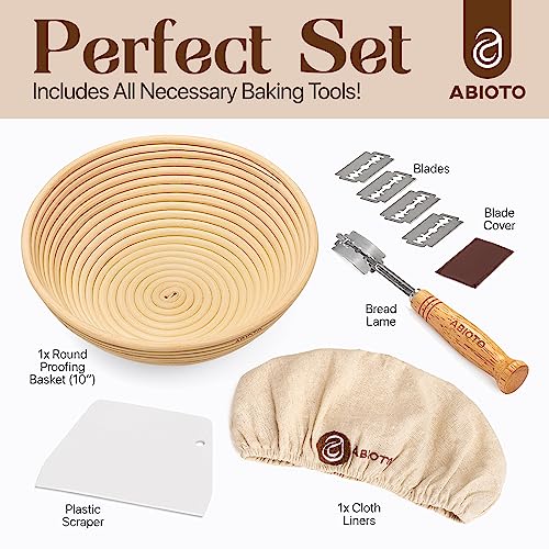 ABIOTO Banneton Bread Proofing Basket Set - A Complete Kit Including 10-Inch Brotform Basket, Bread Lame, Dough Scraper & Linen Liner - Odor-Free & No Splinters - Perfect for Shaping Sourdough Bread