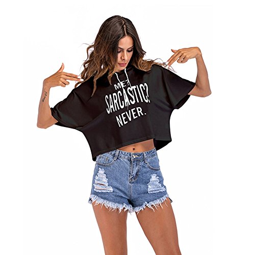 Sweat-Shirt à Capuche Femme Décontracté Crop Top Imprimé Lettre Sweat avec Cordon Haut Manche Courte Habillé Mode Chemise Ete Oversize Blouse Harajuku Boyfriend Tee Shirt Swag Pull-Over Baggy Jumpers